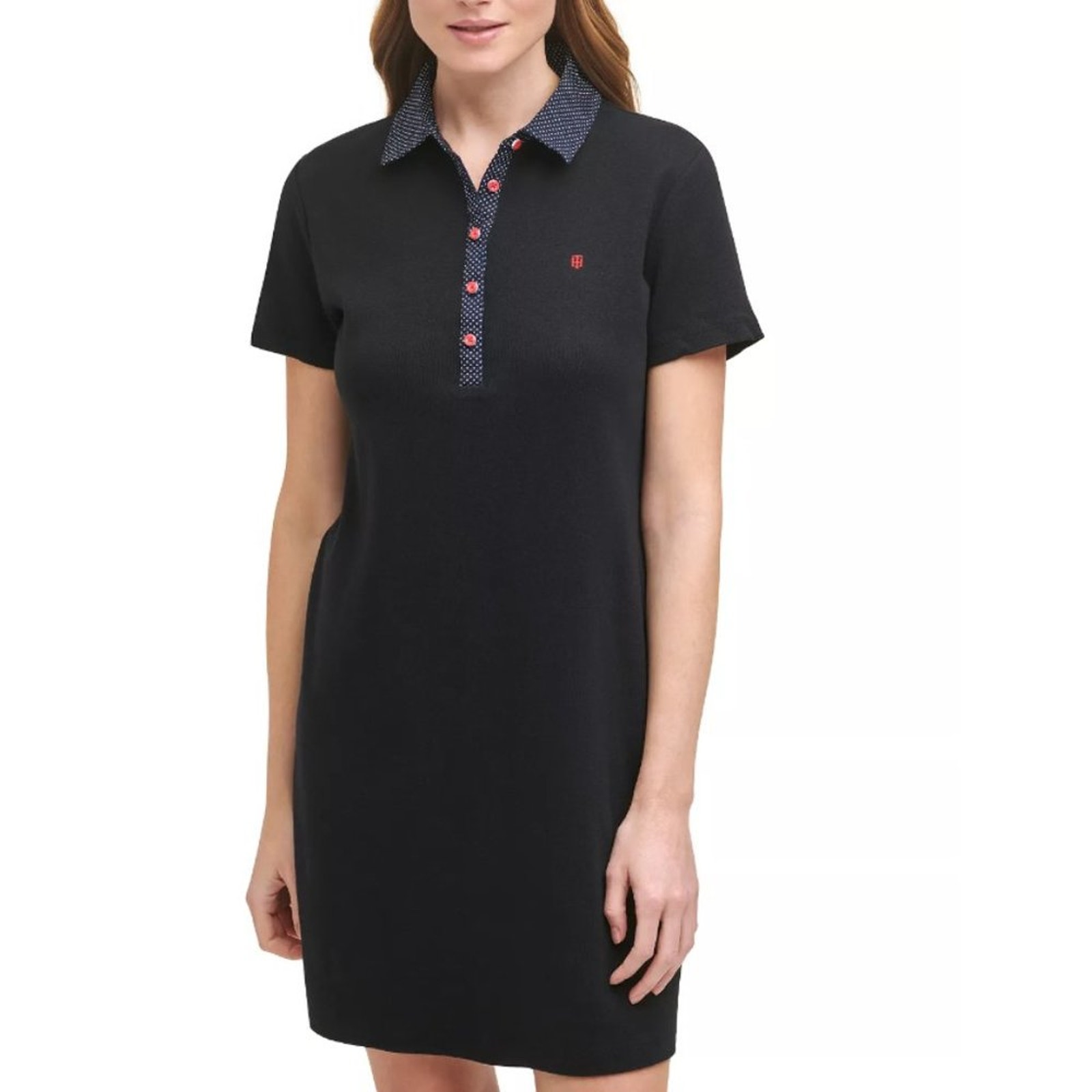 Tommy Hilfiger Women's Deep Navy Blue Polo T-Shirt Dress, Red Buttons, Size M